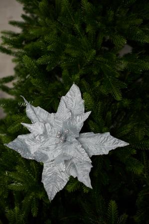 Цветок на елку серебро 35см Пуансеттия на ветке