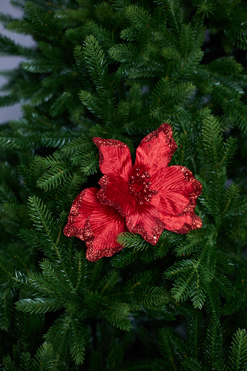 Цветок на елку красный 25см Магнолия на ветке